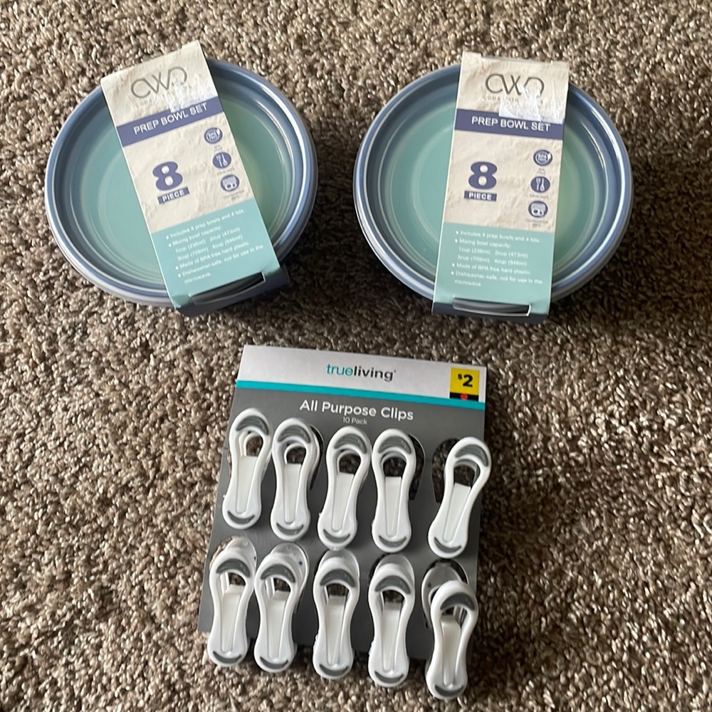 Meal prep bowl set and kitchen clips